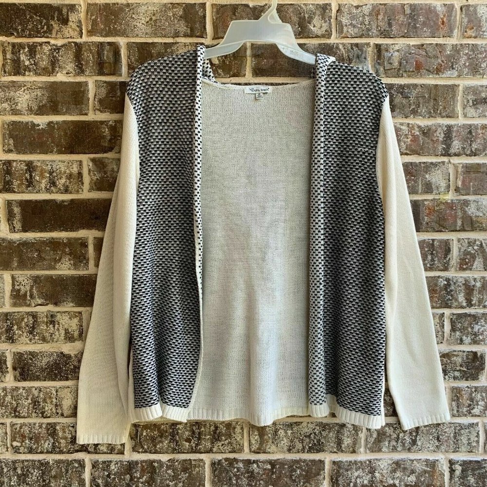 Extra Touch Women's Knit Open Front Hooded Cardigan White Black Size 1X